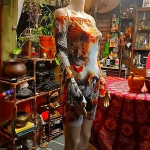 Mocha sheer off shoulder romper.